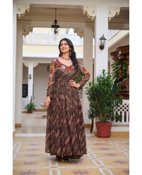 Brown Bandhani Faux Georgette Gown Real Mirror & Gamathi Work