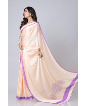 Digital Printing of Cream Satin Creap Silk Saree