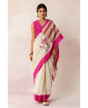 Cream And Pink Linen Saree with Cut Work Border