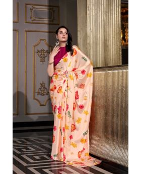 Cream Luxury Satin Silk Saree with Designer Moonga Silk Blouse