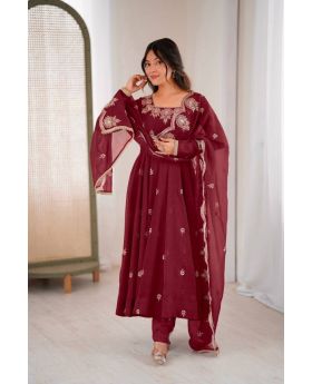 Crunchy Silk Anarkali Gown Set with Embroidery & Sequin Work
