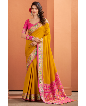 Yellow Elegant Soft Silk Saree with Traditional Patola Weaving
