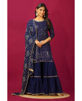 Three Pieces of Dark Blue Faux Georgette Embroidered Kurta Dupatta Suit Set