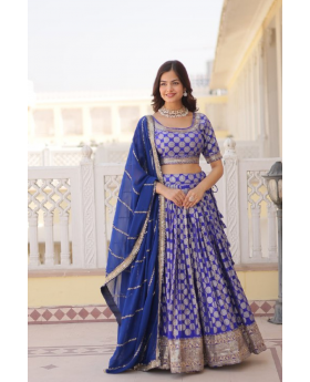Dark Blue Lehanga Choli Dupatta Set with Pure Dyable Viscose Jacquard