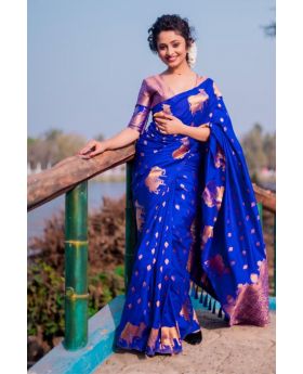 Soft Moonga Silk Sarees in Dark Blue with Zari Designs
