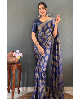Banarasi Saree Patch Work in Dark Blue Soft Moss Silk Saree