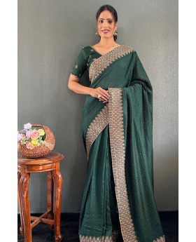 Dark Green Vichitra Silk Saree in Bloom with Gorgeous Zari