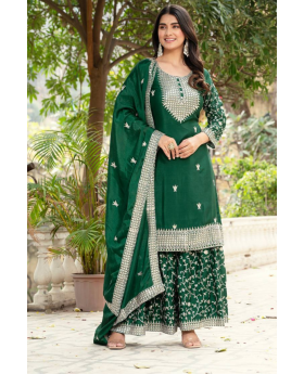 Three-piece Sharara suit set in dark green with embroidered lace border for Chinon