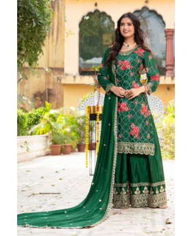 Embroidered Dark Green Chinon Kurta Dupatta Pant Sharara Suit Set