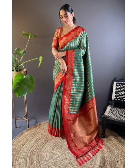 Soft silk sarees in dark green with two original zari
