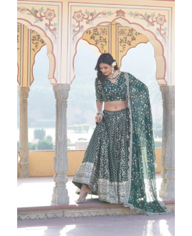 Embroidered Dark Green Lehanga Choli Dupatta Set Made of Pure Viscose