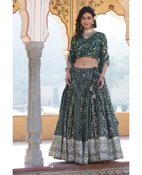 Embroidered Dark Green Lehanga Choli Dupatta Set Made of Pure Viscose