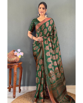 Banarasi Saree Patch Work Dark Green Soft Moss Silk Saree