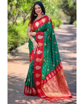 Rose gold designs on a dark green, soft silk Paithani saree