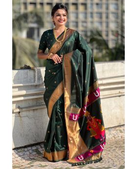 Soft silk sarees in a dark green color with floral patterns