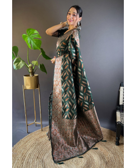 Sarees made of soft silk in a dark green color with distinctive triple Zari paan weaves