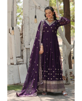 Faux Blooming Dark Purple Anarkali Gown with Dupatta Set