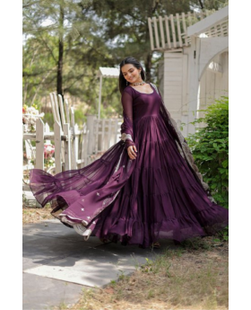 Full-flared, dark purple, faux-flowering gown with dupatta