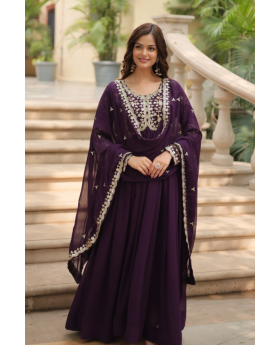 Faux Blooming Dark Purple Gown with Zari Embroidered Dupatta