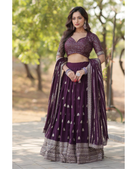 Lehanga Dupatta Set in Dark Purple Faux Blooming with Thick Sequins