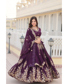 Faux Dark Purple Lehanga Choli Dupatta Set by Georgette