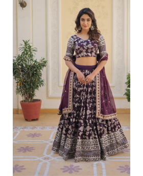 Jacquard Lehanga Choli Dupatta Set in Dark Purple Viscose
