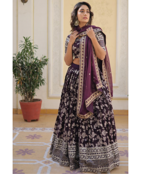 Jacquard Lehanga Choli Dupatta Set in Dark Purple Viscose