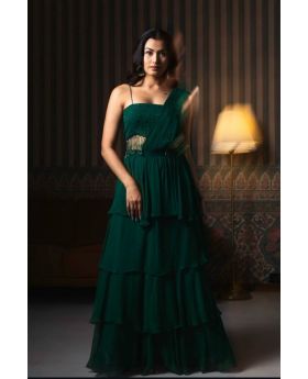 Dark Green Elegant Georgette Lehenga Set with Handworked Blouse