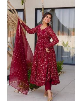 Embroidered Anarkali Gown Set with Dupatta & Pants