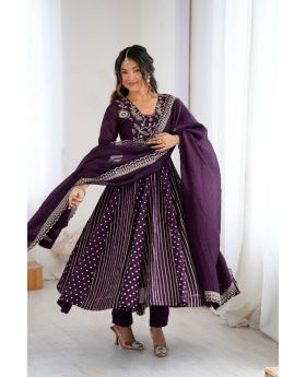 Embroidered Crunchy Silk Anarkali Gown Set with Pant & Dupatta