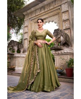 Fendi Silk Lehenga with Embroidered Belt, Lace Blouse & Dupatta