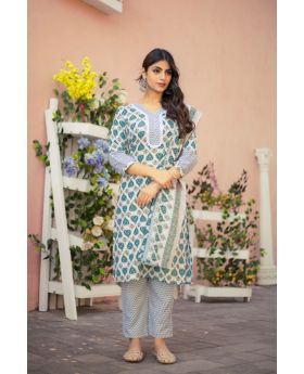 Firozi Stylish Printed Cotton Kurta Pant Dupatta Set