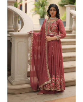 Faux Gajri Georgette Dress with Embroidered Dupatta
