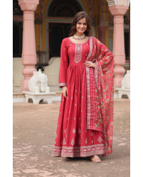 Printed Tebby Silk Gown with Dupatta by Gajri Kalamkari