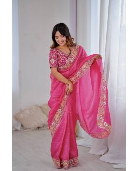 Gold Crush Silk Saree with Embroidery & Sequin Detailing