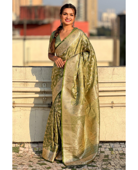 Jaal-adorned green Banarasi antique silk sarees