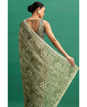 Digitally printed green Chinnon silk saree with embroidery.