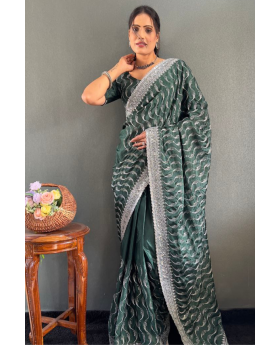 Zari Sequence Work Embroidered Green Chinnon Silk Saree