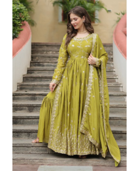 Richly Sequined Green Chinon Anarkali Gown with Dupatta