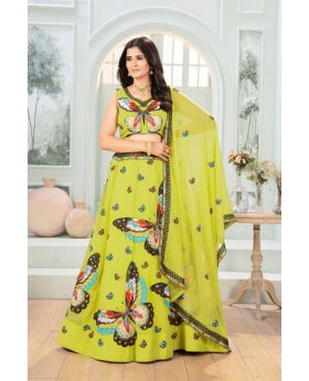 Green Faux Georgette Embroidered Lehanga Blouse Dupatta Set