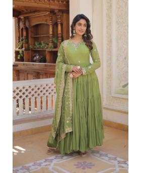 Green Faux Georgette Dress with Embroidered Dupatta