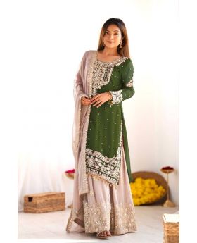 Green Heavy Faux Georgette Red Sharara Dupatta Suit Set