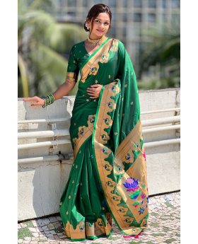 Paithani sarees in green with zari patterns throughout