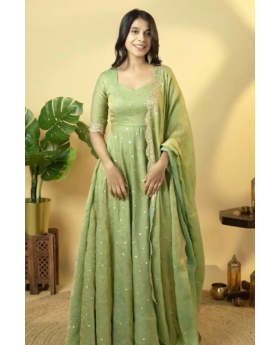 Soft Gold Crush Sillk Umbrella Gown in Green Pur