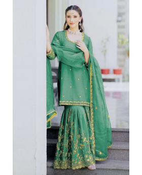 Green Three-Piece Sharara Kurta Dupatta Kurta Made of Pure Chinon Silk