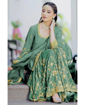 Green Three-Piece Sharara Kurta Dupatta Kurta Made of Pure Chinon Silk