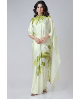 Digital Printing of Green Satin Creap Silk Saree