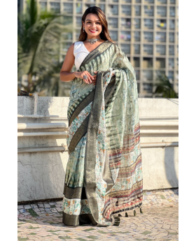 Floral-patterned soft Chanderi crush saree in green  