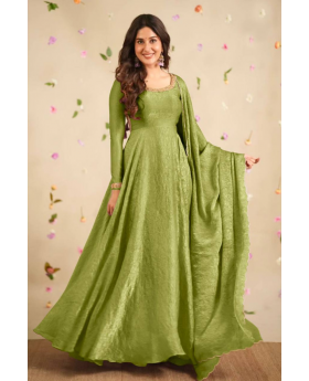 Green Crush Silk Gown with Dupatta in Soft Gold