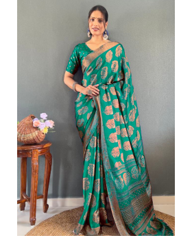 Patchwork Banarasi Saree in Green Soft Moss Silk